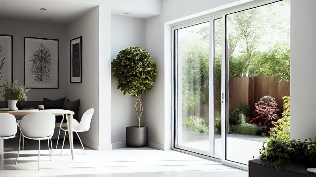 A bright dining area with a wooden table and white chairs is adjacent to large sliding glass doors. The doors open to a lush green garden with various plants and trees. A potted plant adds greenery indoors, and framed artwork decorates the wall.