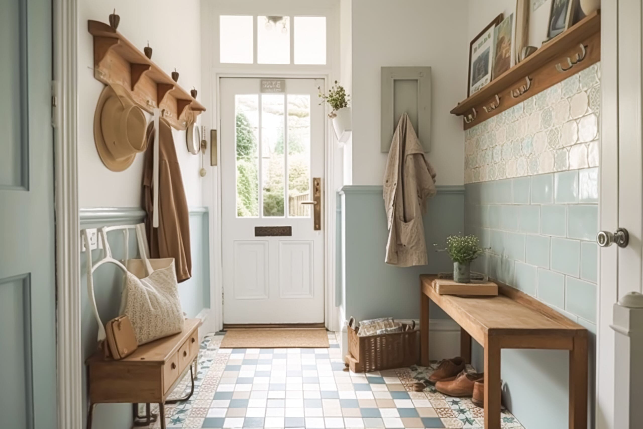 A cozy entryway features a wooden bench with a potted plant, a woven basket, and shoes underneath. Light blue wainscotting complements white walls, with hooks holding coats and hats. The floor has a checkered tile pattern, and the front door has glass panels.